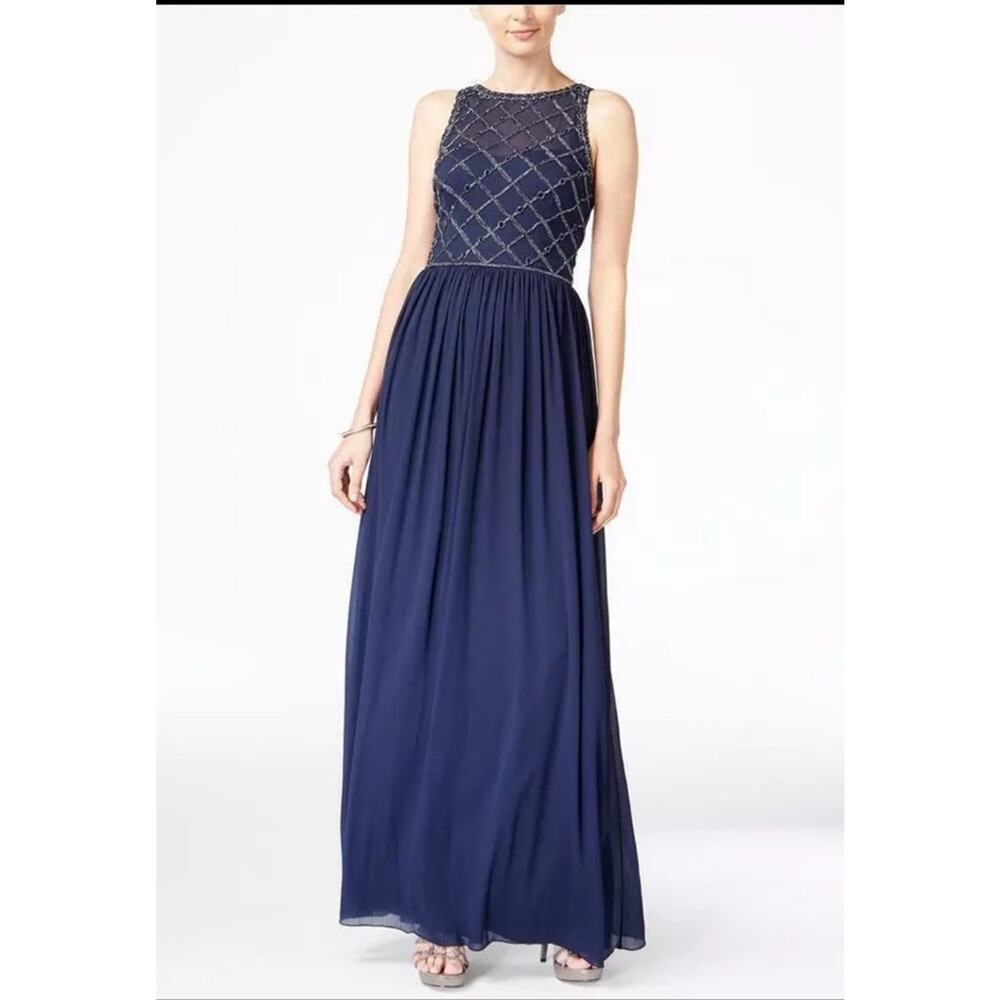 Adrianna Papell Beaded Full Length Formal Ball Gown Womens Size 2 Blue NWT